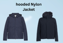 Nylon Jacket: Lightweight, Durable Style for Everyday Wear Navy hooded nylon jacket with front zipper and two side pockets, shown on a blue gradient background." If you want a shorter version: "Navy hooded nylon jacket with pockets.