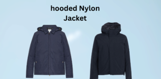 Nylon Jacket: Lightweight, Durable Style for Everyday Wear Navy hooded nylon jacket with front zipper and two side pockets, shown on a blue gradient background." If you want a shorter version: "Navy hooded nylon jacket with pockets.