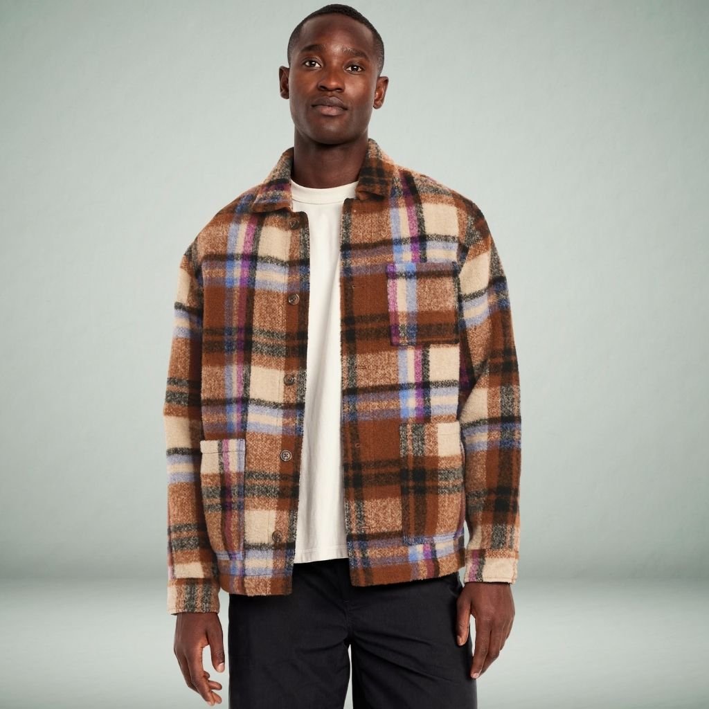 Plaid Jacket: Classic Checkered Style for Modern Fashion 6 : A man wearing a brown, tan, and purple plaid jacket over a light-colored shirt, standing against a neutral backdrop.