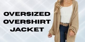 Oversized Overshirt Jacket: Trendy Comfort for Every Outfit Person wearing a beige oversized knitted cardigan over a white top and jeans, with bold black text reading ‘OVERSIZED OVERSHIRT JACKET’ on a light geometric background.