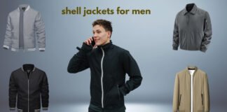 Shell Jacket for Men: Everyday Wear with A collage of men's shell jackets in gray, black, and beige with a man talking on a phone in the center
