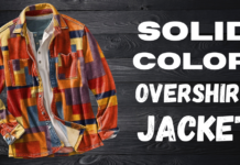 Solid Color Overshirt Jacket for Timeless Everyday Style Colorful solid-color overshirt jacket with a patchwork pattern laid over a dark wooden background.