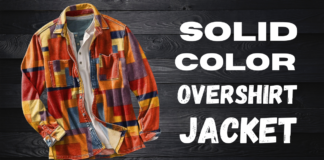 Solid Color Overshirt Jacket for Timeless Everyday Style Colorful solid-color overshirt jacket with a patchwork pattern laid over a dark wooden background.