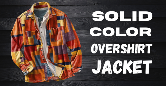 Colorful solid-color overshirt jacket with a patchwork pattern laid over a dark wooden background.