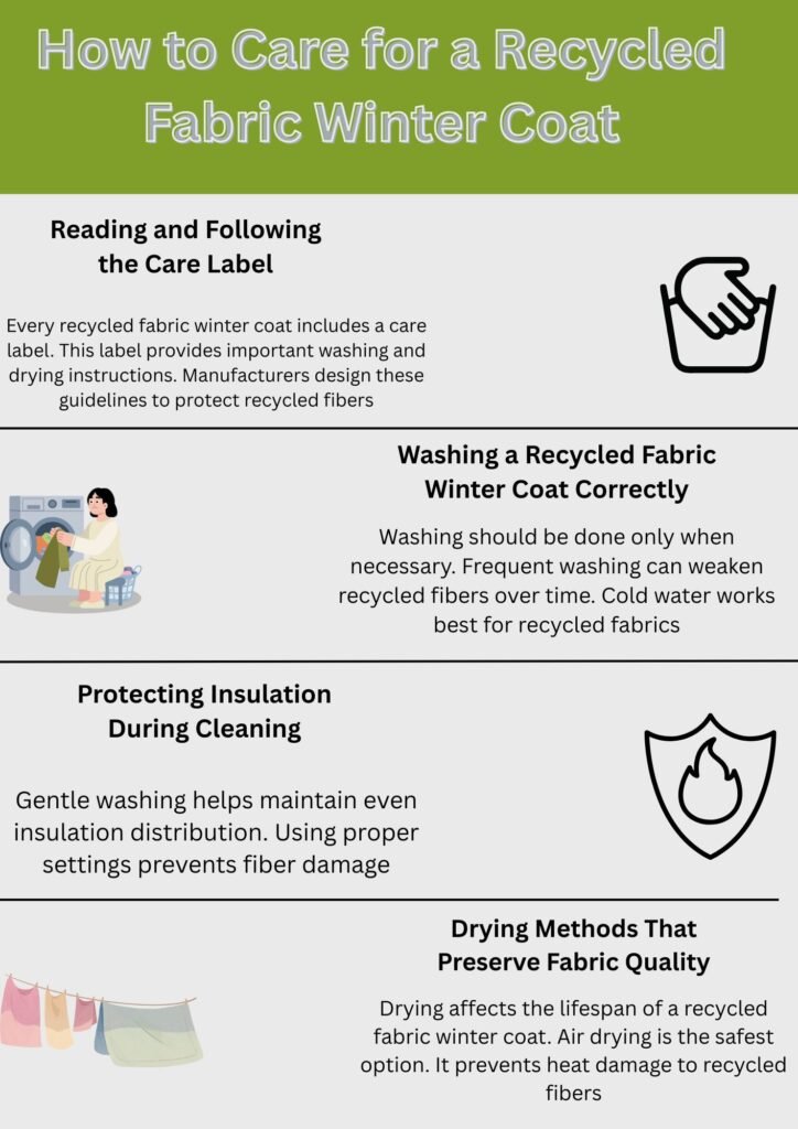 Alt text: An infographic titled “How to Care for a Recycled Fabric Winter Coat” with sections: Reading and Following the Care Label (info text and icon of a hand in a wash tub), Washing a Recycled Fabric Winter Coat Correctly (washer icon), Protecting Insulation During Cleaning (shield with flame icon), and Drying Methods That Preserve Fabric Quality (clothesline with drying clothes). Each section includes a short description and an accompanying illustration.

Recycled Fabric Winter Coat: