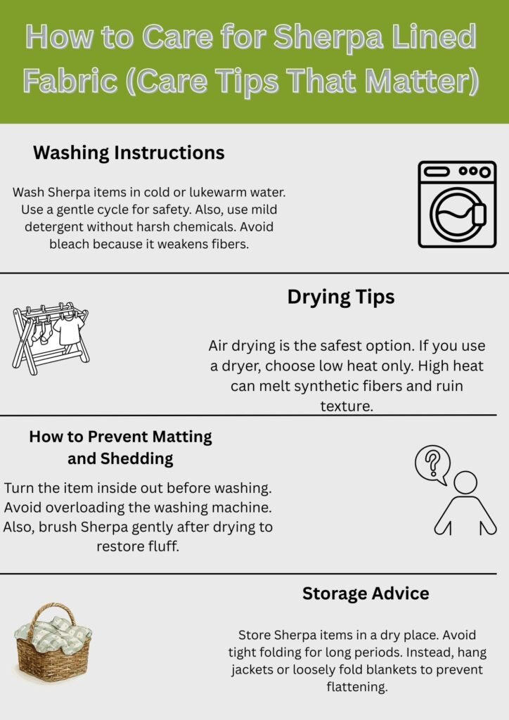 Sherpa Lined Fabric Guide: Features, Advantages & Best Uses 11 An infographic titled “How to Care for Sherpa Lined Fabric (Care Tips That Matter)” with four sections: Washing Instructions, Drying Tips, How to Prevent Matting and Shedding, and Storage Advice. Each section includes simple icons and short instructional text.
Sherpa Lined Fabric Guide:
