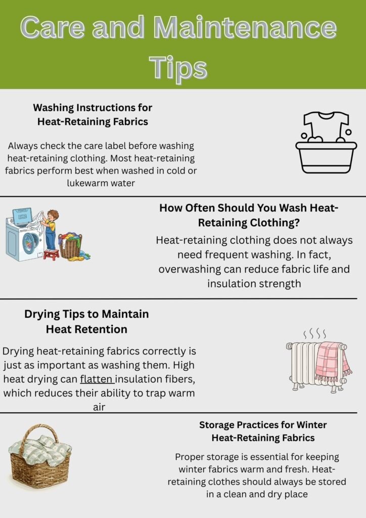 Infographic titled “Care and Maintenance Tips” with sections on Washing Instructions, How Often Should You Wash Heat-Retaining Clothing, Drying Tips to Maintain Heat Retention, and Storage Practices for Winter Heat-Retaining Fabrics. Includes small icons illustrating laundry, a heater, a basket, and a basket with fabric.
Heat-Retaining Fabric Explained:
