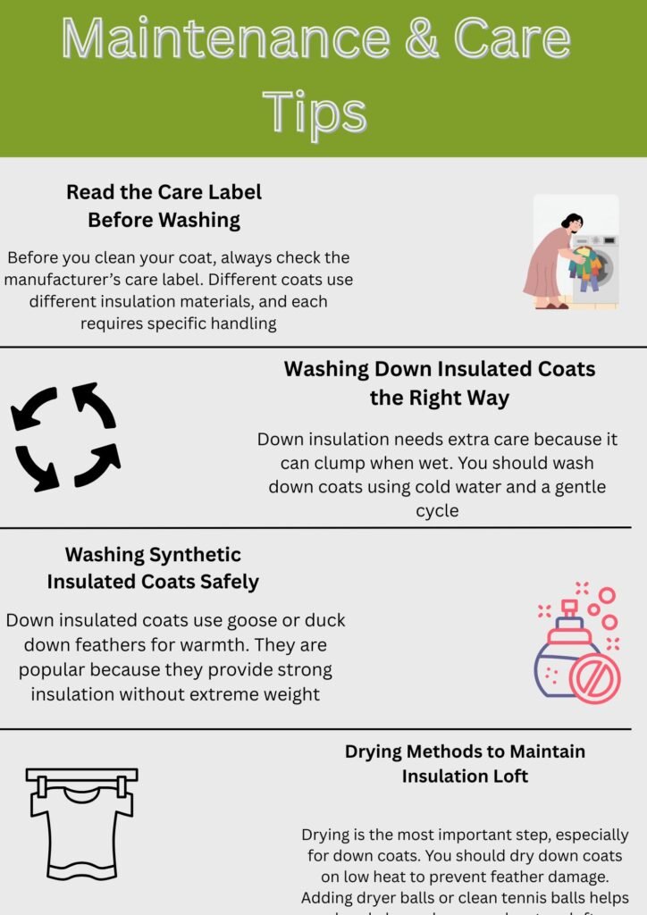 Heavyweight Insulated Winter Coat Explained: Features & Uses 10 An infographic titled “Maintenance & Care Tips” with sections on reading care labels, washing synthetic insulated coats, washing down insulated coats, and drying methods to maintain insulation loft, featuring simple icons and a light-gray background with a green header.
Heavyweight Insulated Winter Coat Explained: