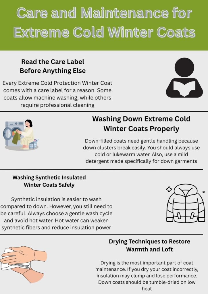 An infographic titled “Care and Maintenance for Extreme Cold Winter Coats.” It covers four sections with illustrations: reading care labels, Washing Down Extreme Cold Winter Coats Properly (a person washing clothes), Washing Synthetic Insulated Winter Coats Safely (a puffy jacket illustration), and Drying Techniques to Restore Warmth and Loft (a hand wiping fabric). Each section includes a short guidance about proper care and maintenance.
Ultra-Warm Thermal Winter Coat:
