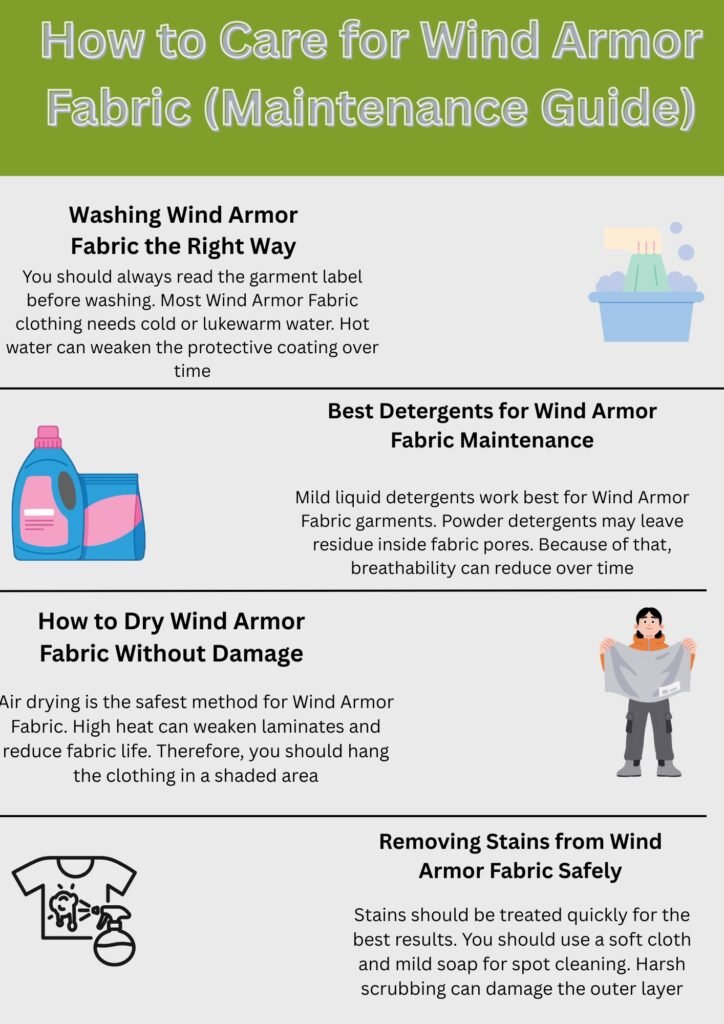 Alt text: Infographic titled "How to Care for Wind Armor Fabric (Maintenance Guide)" with four sections and simple illustrations showing washing, detergents, drying, and stain removal.
Wind Armor Fabric: