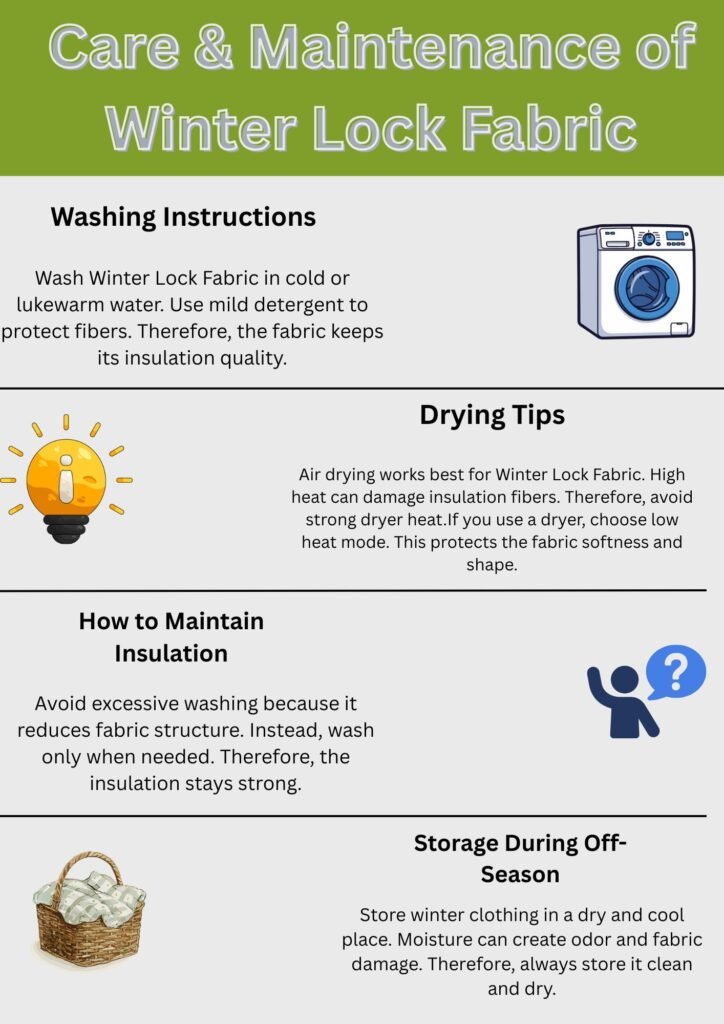Alt text: An infographic titled "Care & Maintenance of Winter Lock Fabric" with five sections: Washing Instructions, Drying Tips, How to Maintain Insulation, and Storage During Off-Season. Each section features simple icons (washing machine, light bulb, person with a question mark, and a basket) and short descriptive text.Winter Lock Fabric:
