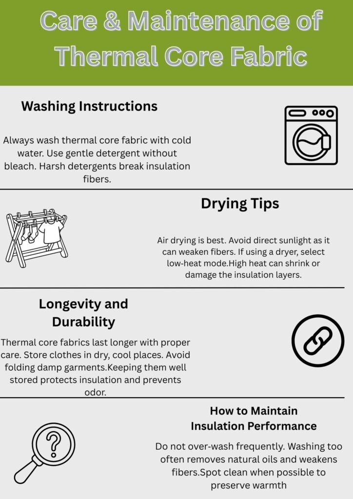 What Is Thermal Core Fabric for Winter Wear? Complete Guide 11 Alt text: An infographic titled "Care & Maintenance of Thermal Core Fabric" with sections on Washing Instructions, Drying Tips, Longevity and Durability, and How to Maintain Insulation Performance, each paired with simple icons.
What Is Thermal Core Fabric for Winter Wear?