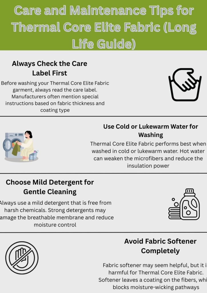 Alt text: Infographic titled "Care and Maintenance Tips for Thermal Core Elite Fabric (Long Life Guide)" with four sections: Always Check the Care Label First, Use Cold or Lukewarm Water for Washing, Choose Mild Detergent for Gentle Cleaning, and Avoid Fabric Softener Completely. Each section includes an icon and explanatory text, on a light gray background.
What Is Thermal Core Elite Fabric?