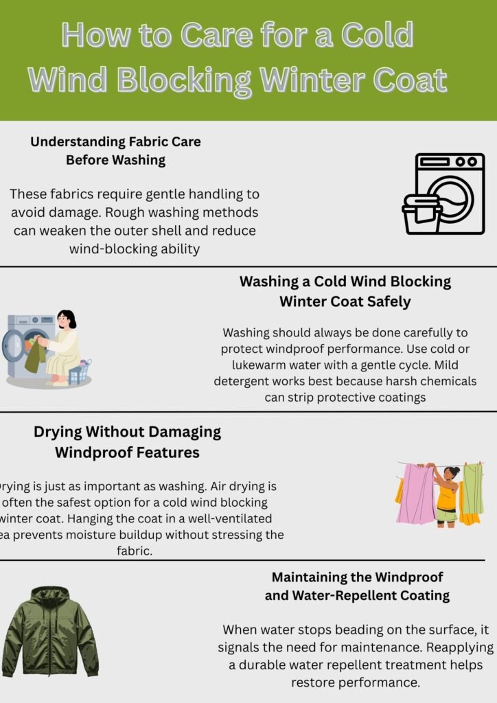 Cold Wind Blocking Winter Coat: Built to Stop Freezing Winds 10 Alt text (short description): A four-section infographic titled “How to Care for a Cold Wind Blocking Winter Coat,” with illustrations and tips on fabric care, washing, drying, and coating maintenance.
Cold Wind Blocking Winter Coat