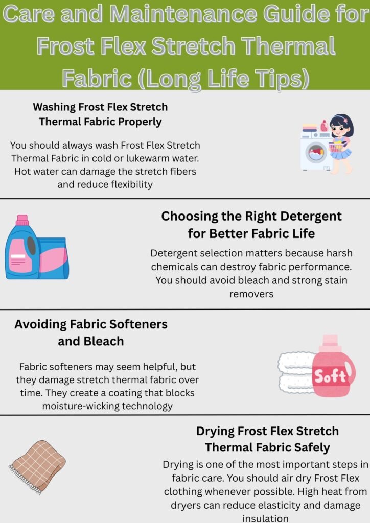 Frost Flex Stretch Thermal Fabric: Warmth Meets Flexibility 10 Alt text: Infographic titled Caring for Frost Flex Stretch Thermal Fabric with sections on Washing, Detergents, Fabric Softeners/bleach, and Drying. Includes small illustrated icons of laundry items beside each section.
Frost Flex Stretch Thermal Fabric: