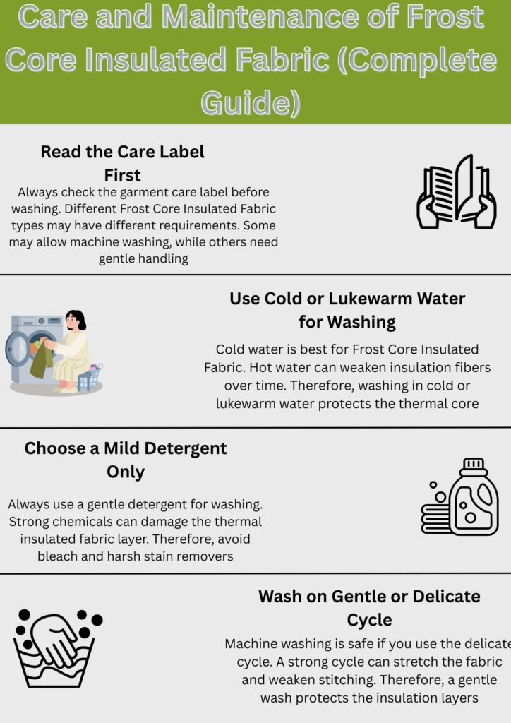 Alt text: Infographic titled “Care and Maintenance of Frost Core Insulated Fabric (Complete Guide)” with four sections: Read the Care Label First, Use Cold or Lukewarm Water for Washing, Choose a Mild Detergent Only, and Wash on Gentle or Delicate Cycle, each with a simple illustration.

Frost Core Insulated Fabric: