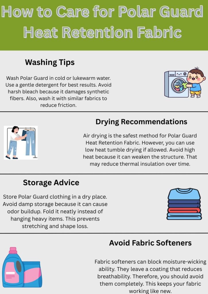 Polar Guard Heat Retention Fabric: Comfort Meets Performance 11 Alt text: Infographic titled “How to Care for Polar Guard Heat Retention Fabric” with four sections: Washing Tips (child near washing machine), Drying Recommendations (woman hanging jeans), Storage Advice (stack of folded clothes), and Avoid Fabric Softeners (detergent bottle), each section including an illustrative icon.
Polar Guard Heat Retention Fabric: