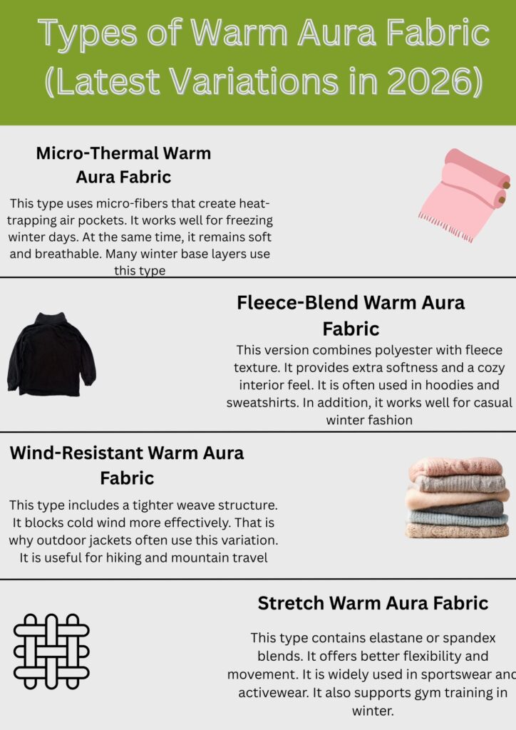 Warm Aura Fabric Explained:Why It’s Perfect for Cold Weather 7 Alt text: Infographic titled “Types of Warm Aura Fabric (Latest Variations in 2026)” showing four fabric types with short descriptions: Micro-Thermal Warm Aura, Fleece-Blend Warm Aura Fabric, Wind-Resistant Warm Aura Fabric, and Stretch Warm Aura Fabric, each with a small illustrative icon.Warm Aura Fabric Explained: