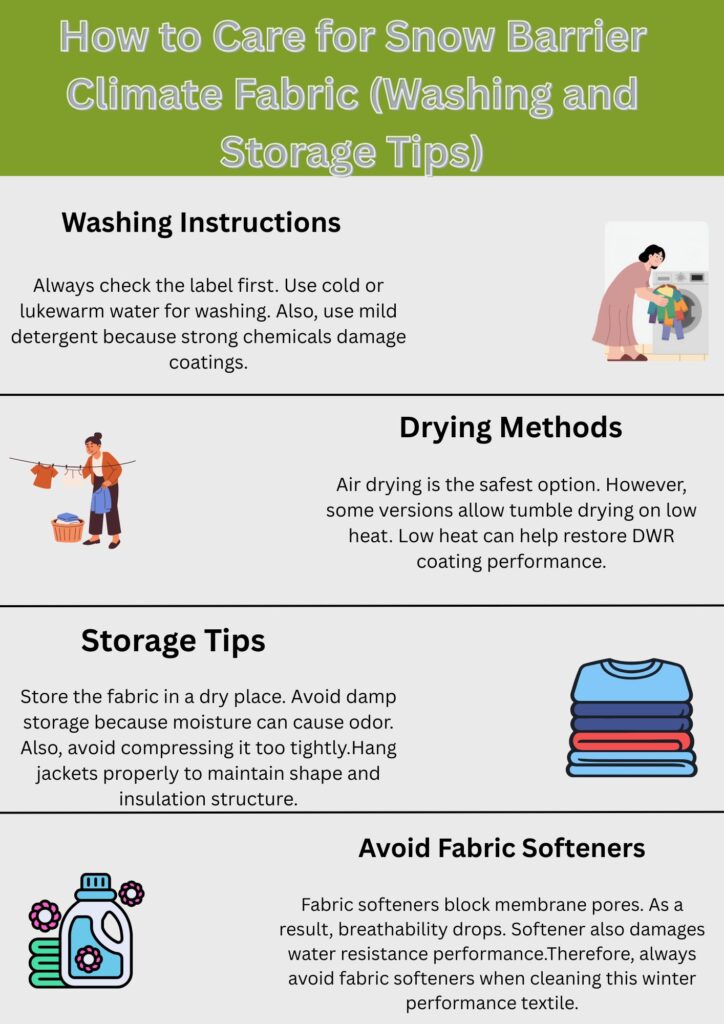 What Is Snow Barrier Climate Fabric? Features & Uses Details 9 Alt text: An infographic titled "How to Care for Snow Barrier Climate Fabric (Washing and Storage Tips)" with sections on Washing Instructions, Drying Methods, Storage Tips, and Avoid Fabric Softeners, each accompanied by small cartoon illustrations.What Is Snow Barrier Climate Fabric?