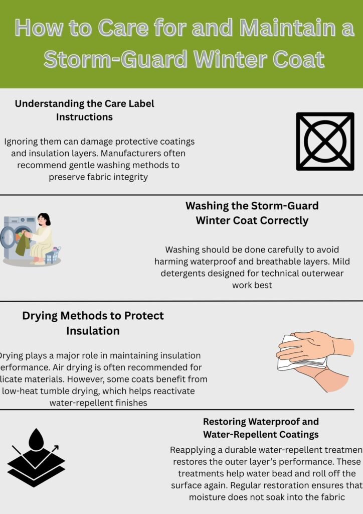 Alt text: An infographic titled “How to Care for and Maintain a Storm-Guard Winter Coat” with sections on care label instructions, washing, drying, and restoring waterproof coatings, using simple icons and muted colors.
Storm-Guard Winter Coat:
