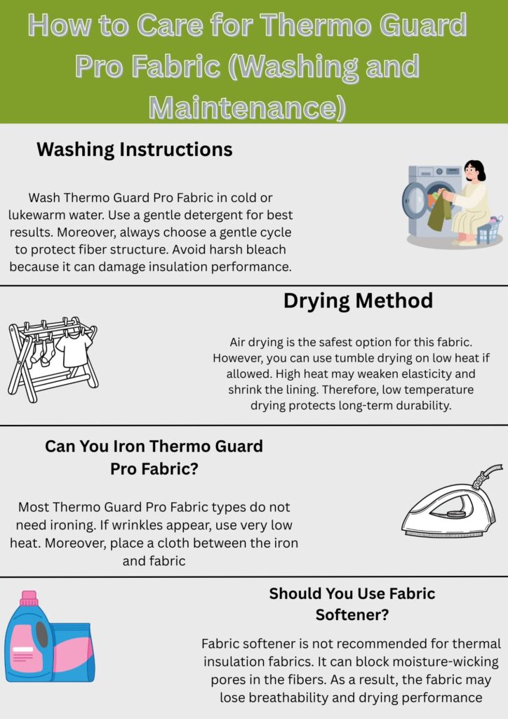 Alt text: Informational infographic titled "How to Care for Thermo Guard Pro Fabric (Washing and Maintenance)" with sections on Washing Instructions, Drying Method, Ironing, and Fabric Softener, each with small illustrations.
What Is Thermo Guard Pro Fabric?