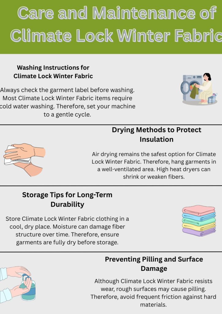 Climate Lock Winter Fabric: The Ultimate Winter Protections 9 Infographic detailing care and maintenance for Climate Lock Winter Fabric, with icons for washing, drying, storage, and preventing pilling.
Climate Lock Winter Fabric: