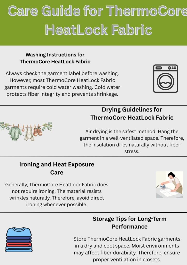 ThermoCore HeatLock Fabric: Advanced Winter Heat Protection 10 Alt text: Informational infographic titled "Care Guide for ThermoCore HeatLock Fabric" showing four sections with text and simple illustrations: washing, drying, ironing/heat exposure, and storage tips.
ThermoCore HeatLock Fabric: