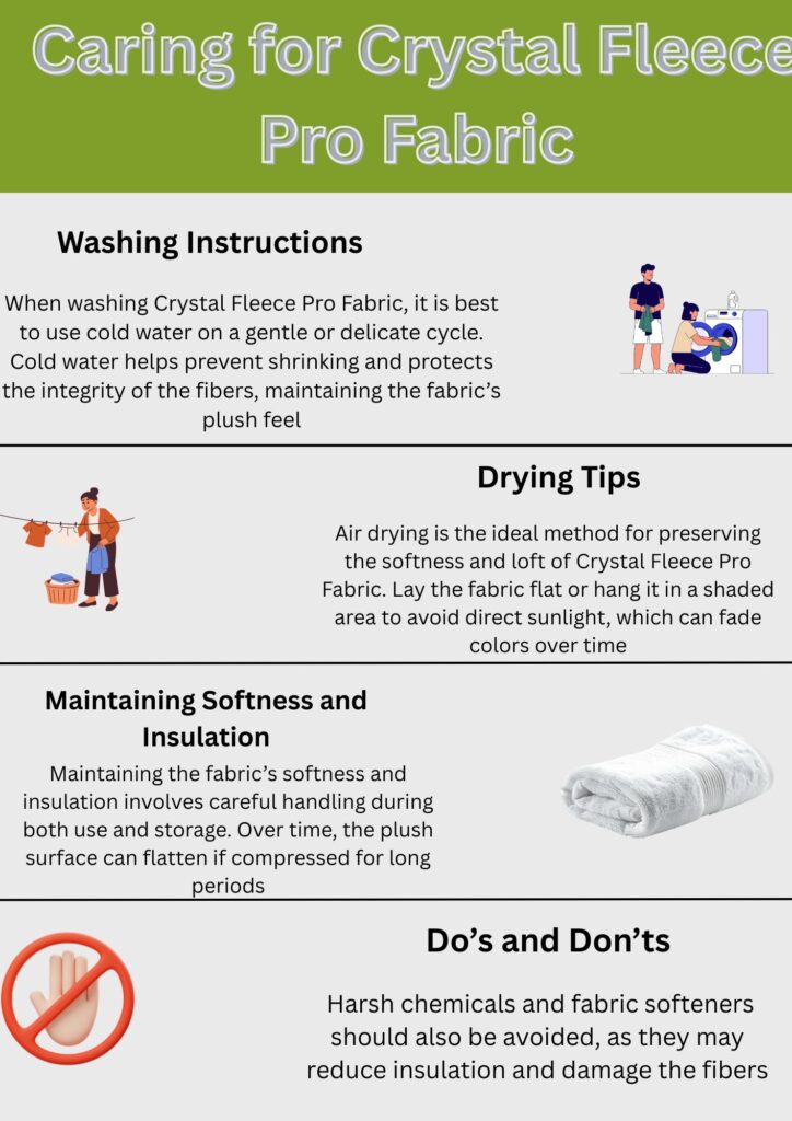 Crystal Fleece Pro Fabric: Premium Warmth and Comfort Guide 10 "Infographic titled 'Caring for Crystal Fleece Pro Fabric' with sections: Washing Instructions (cold water on gentle cycle to protect fibers), Drying Tips (air drying flat or shaded area), Maintaining Softness and Insulation (careful handling to prevent flattening), and Do’s and Don’ts (avoid harsh chemicals and fabric softeners). Each section includes small illustrations related to the tips."
Crystal Fleece Pro Fabric: