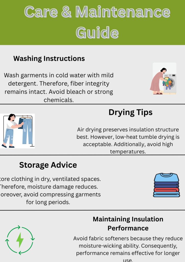 Winter Crown Insul-Fabric Guide: Benefits, Features & Uses 12 A four-section care and maintenance guide for clothing. The top header reads “Care & Maintenance Guide” with a light green background. The sections are: Washing Instructions (text about washing in cold water with mild detergent and avoiding bleach), Drying Tips (text about air drying and low-heat tumble drying with temperature caution), Storage Advice (text about storing clothes in dry, ventilated spaces and avoiding compression), and Maintaining Insulation Performance (text about avoiding fabric softeners to preserve moisture-wicking). Each section includes a small illustrative icon on the right. The layout is divided by horizontal lines, with a light gray background for content and a darker gray heading area for each section.
Winter Crown Insul-Fabric Guide: