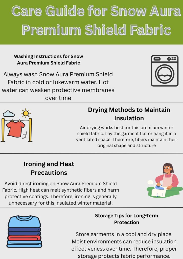 Washing Instructions: A washing machine icon and text recommending cold or lukewarm water to preserve protective membranes.
Drying Methods to Maintain Insulation: An icon of clothes drying outdoors with sun and wind; text advises air drying flat or hung in a ventilated space to retain shape.
Ironing and Heat Precautions: An icon of a person ironing; text warns against direct ironing and notes heat can melt fibers and coatings, ironing is usually unnecessary.
Storage Tips for Long-Term Protection: An icon of folded clothes; text recommends cool, dry storage to preserve insulation effectiveness.Snow Aura Premium Shield Fabric: