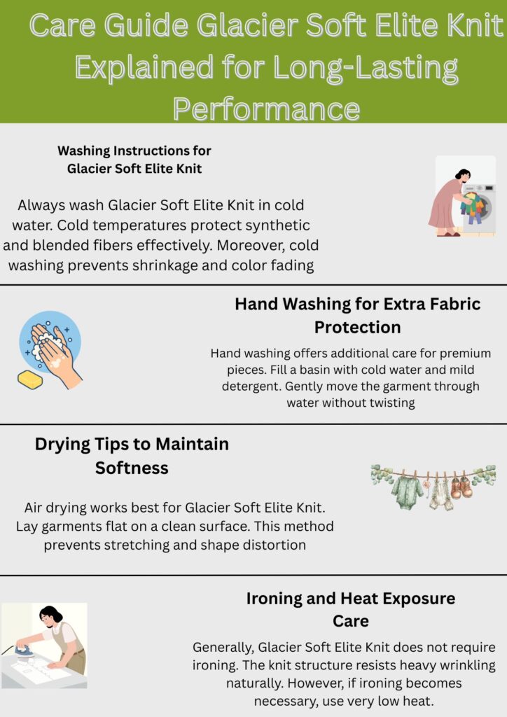 "Care Guide Glacier Soft Elite Knit: sections on Washing Instructions, Hand Washing for Extra Fabric Protection, Drying Tips to Maintain Softness, and Ironing and Heat Exposure Care, with small illustrations showing washing a garment, hand washing in a basin, clothes hanging to dry, and ironing."
Glacier Soft Elite Knit Explained:
