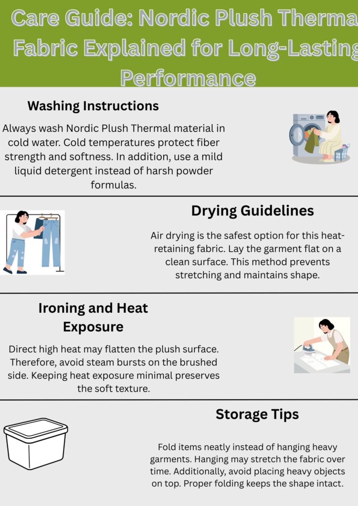 An informational care guide for Nordic Plush Thermal fabric, showing sections on Washing Instructions, Drying Guidelines, Ironing and Heat Exposure, and Storage Tips. Includes simple illustrations: a person washing a garment, a person hanging clothes, an iron, and a storage container. Text describes cold-water washing with mild detergent, air drying flat to maintain shape, avoiding high heat and steam on brushed surfaces, and folding garments to prevent stretching.Nordic Plush Thermal Fabric Explained:
