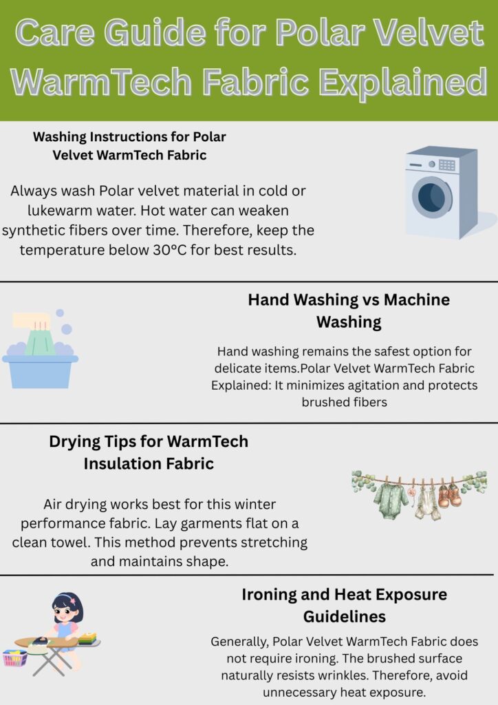 Infographic titled “Care Guide for Polar Velvet WarmTech Fabric Explained” with sections on washing (cold/lukewarm water, below 30°C, hand washing recommended), drying (air drying flat on a towel), and ironing (not required; avoid heat). Includes small illustrative images for each section.
Polar Velvet WarmTech Fabric Explained: