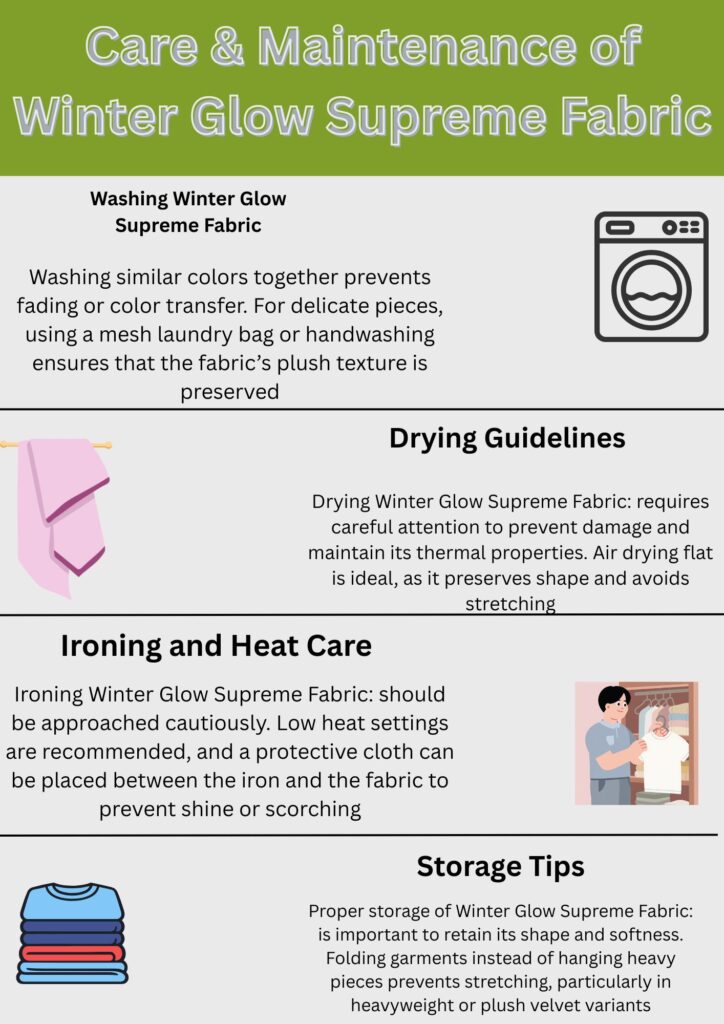 Winter Glow Supreme Fabric: High-Performance Winter Textile 12 An infographic titled “Care & Maintenance of Winter Glow Supreme Fabric,” divided into four sections: Washing, Drying Guidelines, Ironing and Heat Care, and Storage Tips. Each section includes a small icon (washing machine, towel on a rack, person ironing, stack of folded clothes) with brief instructional text.
Winter Glow Supreme Fabric: