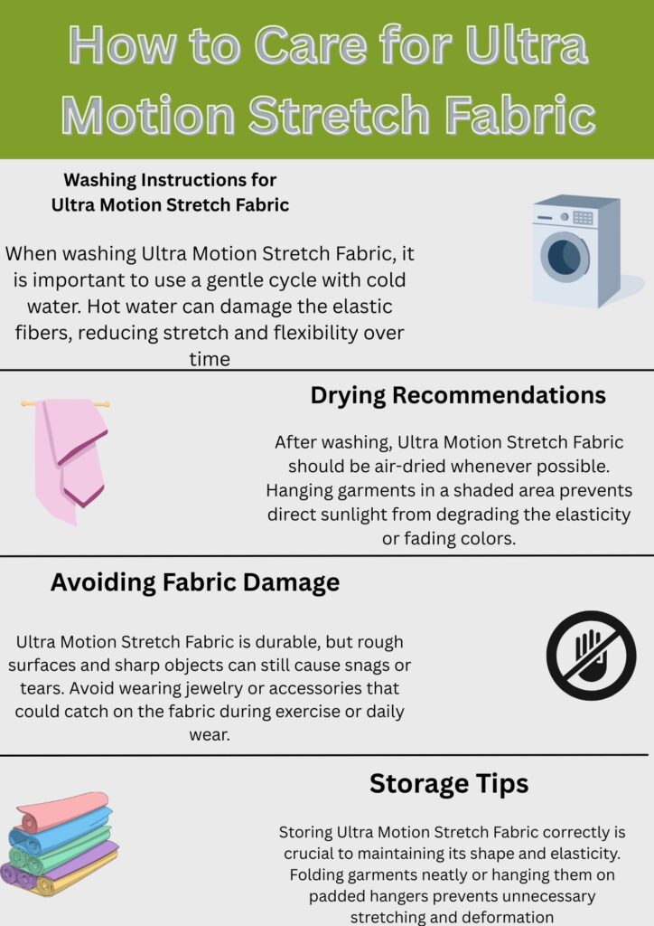 Ultra Motion Stretch Fabric: Performance, Durability & Style 10 An infographic titled “How to Care for Ultra Motion Stretch Fabric” with four sections: Washing Instructions, Drying Recommendations, Avoiding Fabric Damage, and Storage Tips. Includes small illustrations: a washing machine, a towel/clothesline, a no-jewelry symbol, and a stack of folded clothes.
Ultra Motion Stretch Fabric: