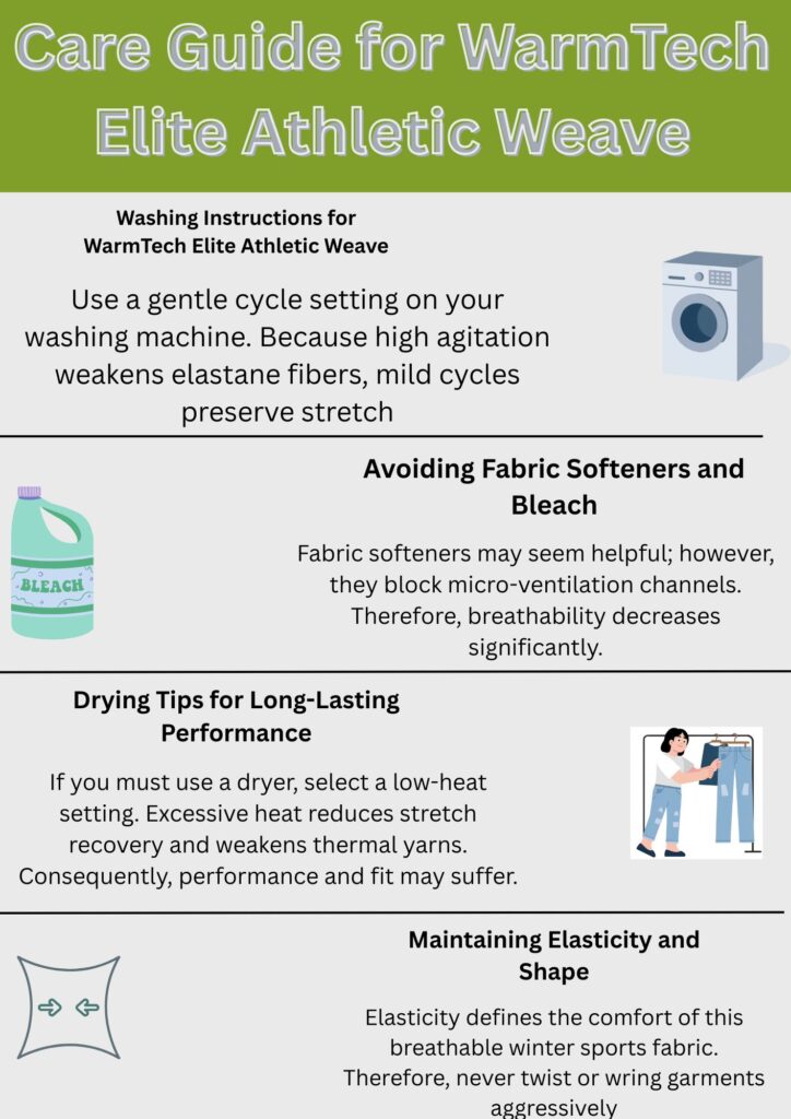 WarmTech Elite Athletic Weave: Next-Gen Athletic Fabric Tech 12 This infographic provides practical steps to preserve the performance and longevity of Heat Core insulated sports textiles. It explains:
Washing: use cold water to prevent shrinkage and maintain the thermal core structure.
Drying: prefer air drying (flat or hung) in a well-ventilated area to protect insulation and fiber elasticity.
Storing: avoid tight folding or compression for long periods to prevent flattening heat-lock fibers.
Maintaining insulation: handle garments with care during use; minimize direct contact with abrasive surfaces to prevent fraying or pilling. Includes small illustrations corresponding to each section.WarmTech Elite Athletic Weave: