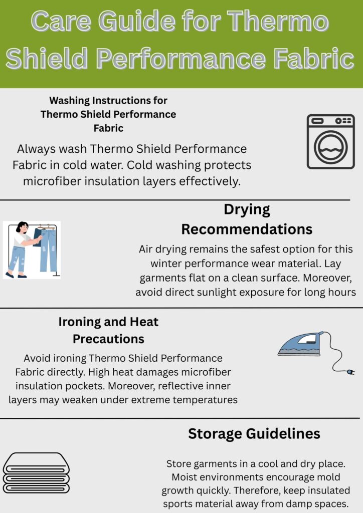 Thermo Shield Performance Fabric: Technology for Activewear 12 A vertical care guide infographic titled “Care Guide for Thermo Shield Performance Fabric,” outlining washing, drying, ironing/heat precautions, and storage guidelines with simple icons (washing machine, drying rack, iron, and stacked clothing).Thermo Shield Performance Fabric: