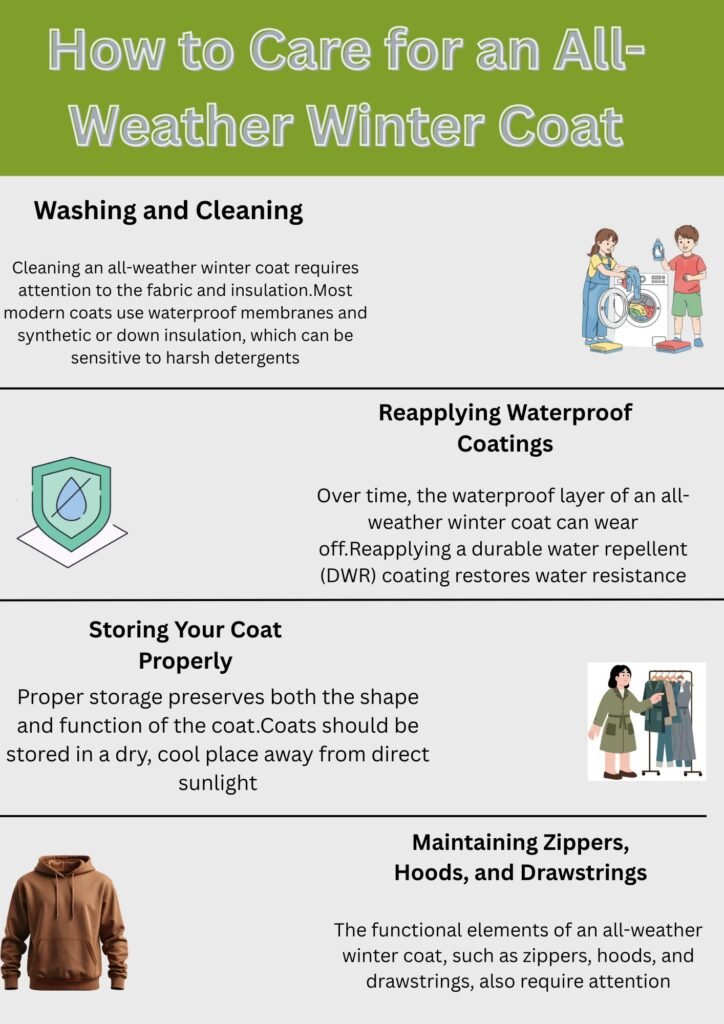 All-Weather Winter Coat: Protection From Rain, Snow & Wind 10 Alt text: A infographic poster with the title “How to Care for an All-Weather Winter Coat.” It features sections on Washing and Cleaning, Reapplying Waterproof Coatings, Storing Your Coat Properly, and Maintaining Zippers, Hoods, and Drawstrings, with small illustrations beside each section.
All-Weather Winter Coat: