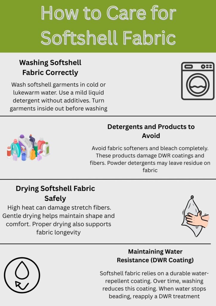 A vertical infographic titled “How to Care for Softshell Fabric” with sections for Washing Softshell Fabric Correctly, Detergents and Products to Avoid, Drying Softshell Fabric Safely, and Maintaining Water Resistance (DWR Coating). Includes icons such as a washing machine, cleaning products, a clothes drying hand, and a water drop symbol.

Softshell Fabric Explained: