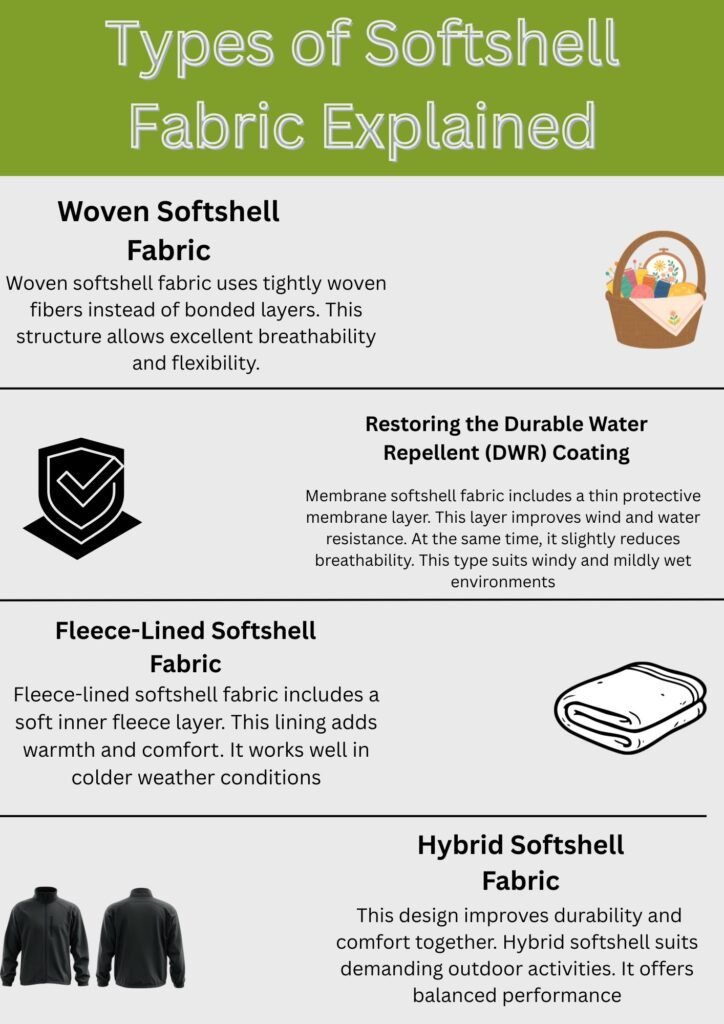 A vertical infographic titled “Types of Softshell Fabric Explained.” It has four sections: Woven Softshell Fabric with a basket icon, Restoring the Durable Water Repellent (DWR) Coating with a shield icon, Fleece-Lined Softshell Fabric with a folded blanket icon, and Hybrid Softshell Fabric with two jackets icon. Each section includes a short description.
Softshell Fabric Explained:
