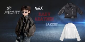 Soft Faux Leather Baby Jacket – Comfortable & Trendy Wear A stylish young boy wearing a brown faux leather jacket and sunglasses stands against a backdrop featuring two additional jackets (black biker style and white). The backdrop includes the words “ECO JERSEY” and “Fuax BABY LEATHER JACKET” in white and red text.