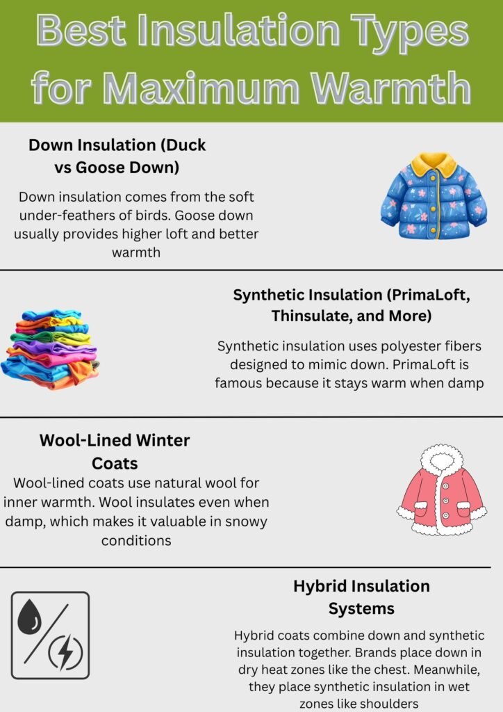 An infographic titled “Best Insulation Types for Maximum Warmth” with four sections:
Down Insulation (Duck vs Goose Down) – description about loft and warmth, with a jacket illustration.
Synthetic Insulation (PrimaLoft, Thinsulate, and More) – description about synthetic fibers that mimic down, with a pile of colorful fabrics illustration.
Wool-Lined Winter Coats – description about natural wool insulation and warmth when damp, with a pink coat illustration.
Hybrid Insulation Systems – description of combining down and synthetic insulation, with a symbol/icon representing insulation.Maximum Warmth Winter Coat Explained: