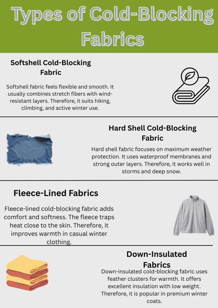Cold-Blocking Fabric: The Key to Ultimate Winter Protection 8 Alt text: Infographic titled “Types of Cold-Blocking Fabrics” showing four sections: Softshell, Hard Shell, Fleece-Lined, and Down-Insulated fabrics, each with a short description and an accompanying image.
Cold-Blocking Fabric:
