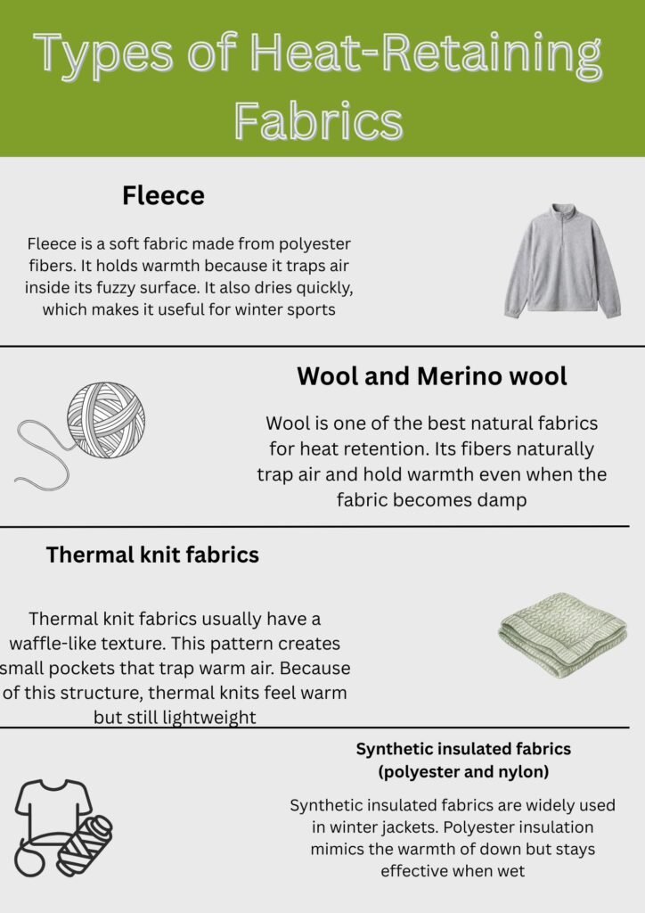Infographic titled “Types of Heat-Retaining Fabrics” with sections for Fleece, Wool and Merino Wool, Thermal knit fabrics, and Synthetic insulated fabrics (polyester and nylon). Each section includes brief descriptions and simple icons.

Heat-Retaining Fabric Explained: