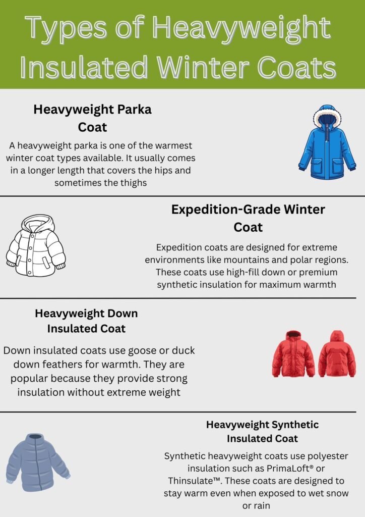 Heavyweight Insulated Winter Coat Explained: Features & Uses 7 An infographic titled “Types of Heavyweight Insulated Winter Coats” showing four coat types with headings and brief descriptions, against a light gray background with green header.
Heavyweight Insulated Winter Coat Explained: