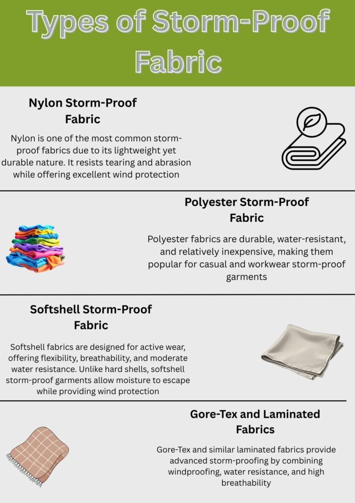 Alt text: "Infographic titled 'Types of Storm-Proof Fabric' with sections and icons illustrating different fabric types."Does Storm-Proof Fabric:
