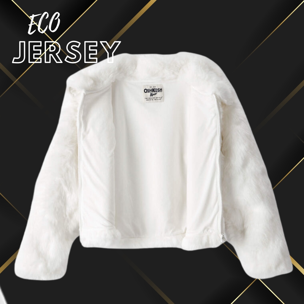 Soft Faux Leather Baby Jacket – Comfortable & Trendy Wear 1 White faux leather baby jacket, fully unzipped to show soft white interior lining, with OshKosh tag. Dark gradient background with gold diagonal lines and the words ECO JERSEY at the top left. "Soft Faux Leather Baby Jacket
