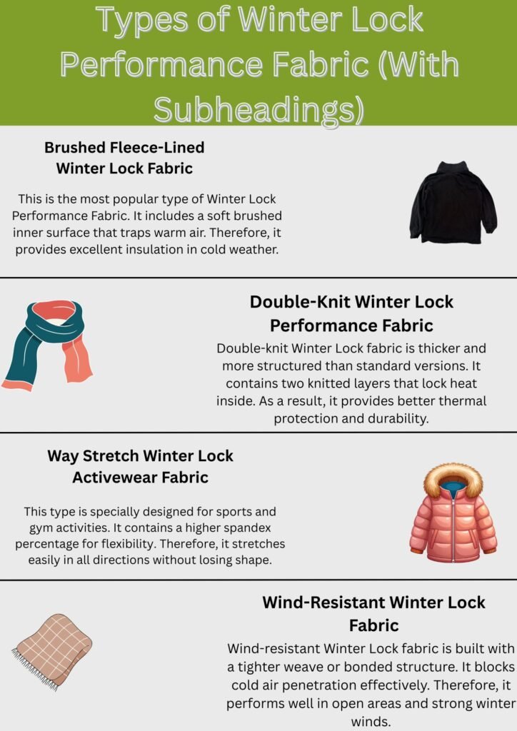 What Is Winter Lock Performance Fabric? Features & Benefits 8 Alt text: Informational infographic about types of winter lock performance fabric, with four sections and small garment icons.
What Is Winter Lock Performance Fabric?