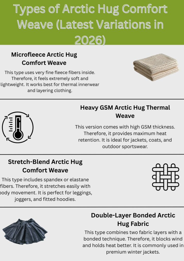 Alt text: An infographic titled "Types of Arctic Hug Comfort Weave (Latest Variations in 2026)" featuring four sections with icons and brief descriptions about different knit fabrics.

Arctic Hug Comfort Weave: