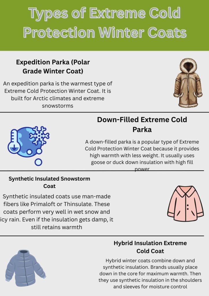 A vertical infographic titled “Types of Extreme Cold Protection Winter Coats.” It shows four coat types in separate sections: Expedition Parka (Polar Grade Winter Coat) with a brown parka illustration; Down-Filled Extreme Cold Parka with a blue ice/thermometer icon; Synthetic Insulated Snowstorm Coat with a pink jacket illustration; and Hybrid Insulation Extreme Cold Coat with a blue puffer jacket illustration. Each section includes a short description of the coat’s purpose and insulation type.

Ultra-Warm Thermal Winter Coat: